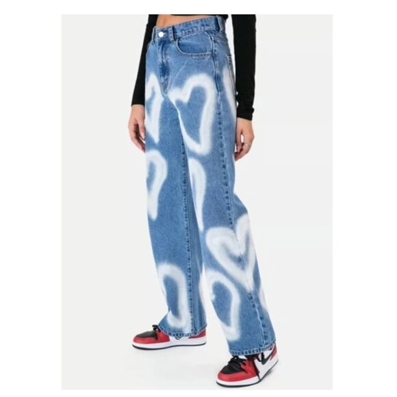 Adika wide leg baggy Heart Graffiti Jeans - women's small (26) - Picture 2 of 7